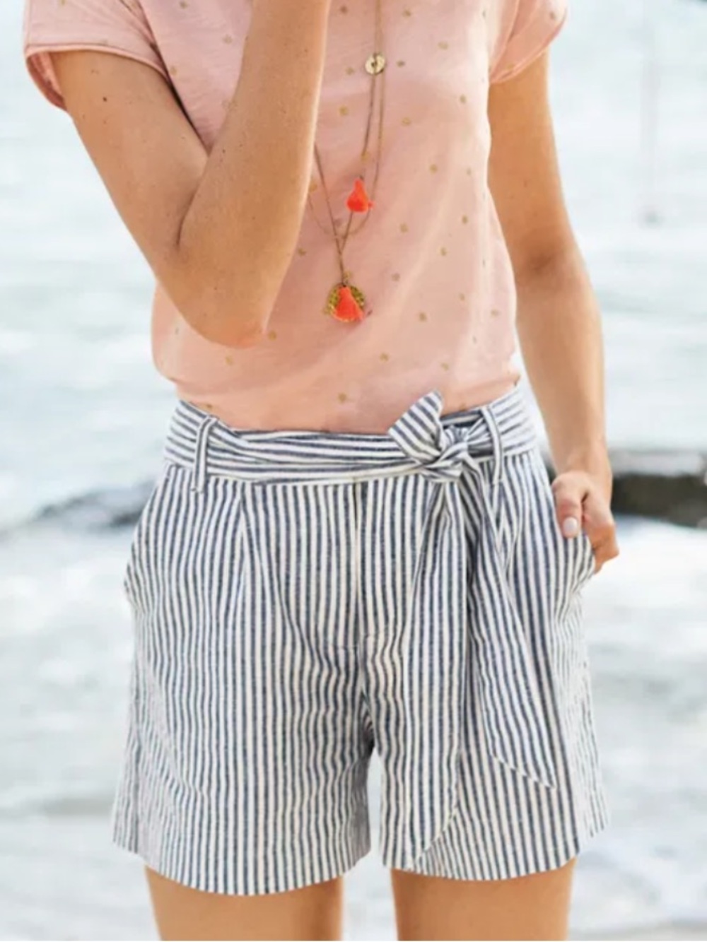 Boden Blue and White Stripe Cotton/Linen Shorts with Tie Belt Size 6